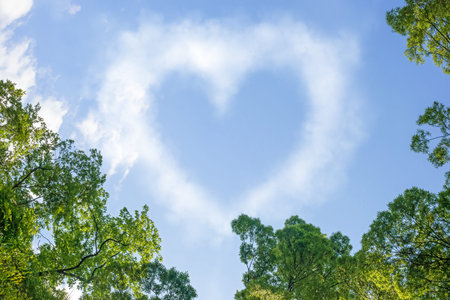 Heart mark cloud. Trees and sunny sky.の写真素材