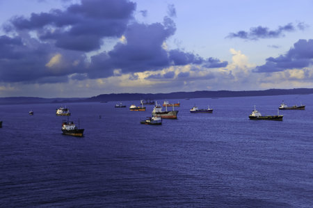 Cargo ships anchored at the Port of Colon Panamaの写真素材