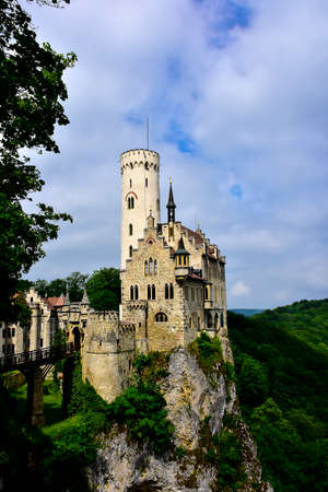 Ancient Lichtenstein Castle perched on a rock in Germany.のeditorial素材