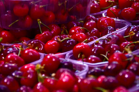 Beautiful red cherries at the market.の写真素材