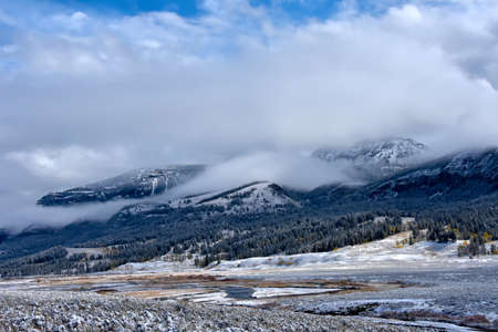 Snow on the ground in the Larmar Valley, Yellowstone National Park.の写真素材