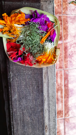 canang in woody backgroundの写真素材