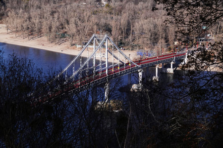 Kiev, Ukraine July 12, 2019: Park pedestrian bridge on Trukhanov Island in the city of Kiev Ukraine