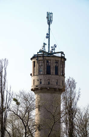 Kiev Ukraine March 18, 2020: transmitters for mobile phones on the old water towerの写真素材