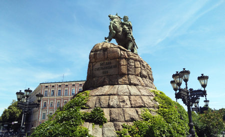 Kiev, Ukraine June 10, 2018: Monument to Hetman Bogdan Khmelnitsky on a horse with a mace in Kiev