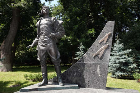 Kiev, Ukraine July 20, 2020: Monument to the pilot hero Ivan Nikolaevich Kozhedub in honor of the victory over fascism in the park "Glory" in the city of Kievのeditorial素材