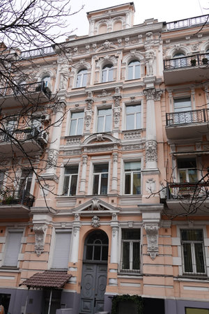 Kiev, Ukraine November 28, 2020: Facade of an old building with a balcony in the center of Kievのeditorial素材