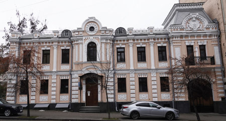 Kiev, Ukraine November 28, 2020: Facade of a building artistically decorated with columns in the...