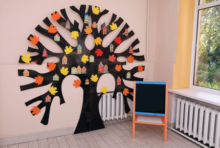 School corridor decorated for the first of September holidayのeditorial素材