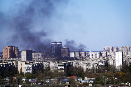 Kiev, Ukraine April 5, 2020: Fire in one of the buildings of the city of Kiev view from the top