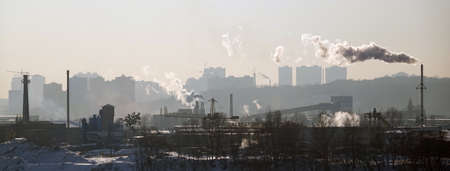 Kiev, Ukraine January 19, 2021: Chimneys smoke, polluting the air in the city worsening the environmentのeditorial素材