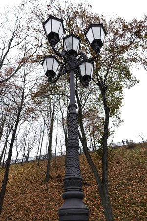 Kiev, Ukraine November 28, 2020: Forged, iron lantern in Kiev parkのeditorial素材