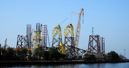 Sharjah, UAE February 19, 2020: construction of cargo cranes of the seaport
