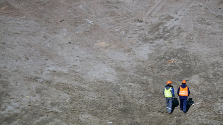 Kiev, Ukraine March 13, 2019: Workers - zero-cycle construction of the foundation of an entertainment centerのeditorial素材