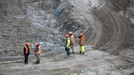 Kiev, Ukraine March 13, 2019: Workers - zero-cycle construction of the foundation of an entertainment centerのeditorial素材
