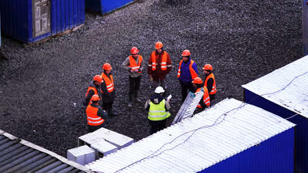 Kiev, Ukraine March 13, 2019: Workers - zero-cycle construction of the foundation of an entertainment centerのeditorial素材
