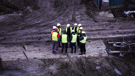 Kiev, Ukraine March 13, 2019: Workers - zero-cycle construction of the foundation of an...