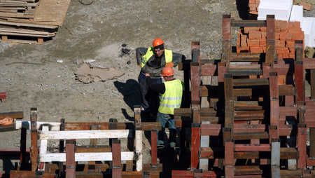Kiev, Ukraine March 13, 2019: Workers - zero-cycle construction of the foundation of an...