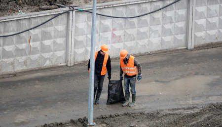 Kiev, Ukraine March 13, 2019: Workers - zero-cycle construction of the foundation of an...