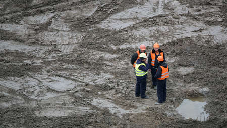 Kiev, Ukraine March 13, 2019: Workers - zero-cycle construction of the foundation of an entertainment centerのeditorial素材
