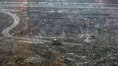 Kiev, Ukraine March 13, 2019: Workers - zero-cycle construction of the foundation of an entertainment centerのeditorial素材
