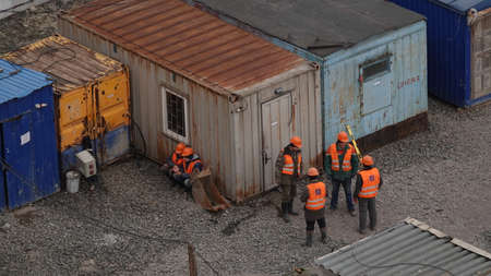 Kiev, Ukraine March 13, 2019: Workers - zero-cycle construction of the foundation of an entertainment centerのeditorial素材