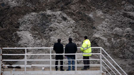 Kiev, Ukraine March 13, 2019: Workers - zero-cycle construction of the foundation of an entertainment centerのeditorial素材