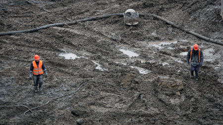 Kiev, Ukraine March 13, 2019: Workers - zero-cycle construction of the foundation of an entertainment centerのeditorial素材