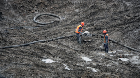 Kiev, Ukraine March 13, 2019: Workers - zero-cycle construction of the foundation of an entertainment centerのeditorial素材