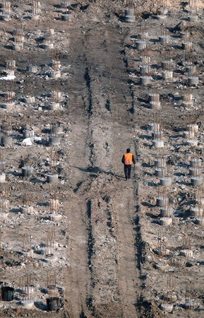 Kiev, Ukraine March 13, 2019: Workers - zero-cycle construction of the foundation of an entertainment centerのeditorial素材
