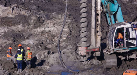 Kiev, Ukraine March 13, 2019: Construction of the zero cycle, the foundation for the entertainment complexのeditorial素材