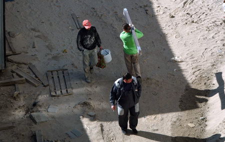 Kiev, Ukraine March 13, 2019: Workers - zero-cycle construction of the foundation of an entertainment centerのeditorial素材