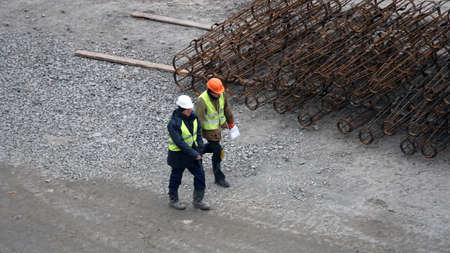 Kiev, Ukraine March 13, 2019: Workers - zero-cycle construction of the foundation of an entertainment centerのeditorial素材