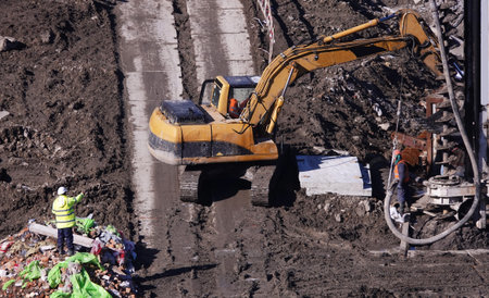Kiev, Ukraine March 13, 2019: Construction of the zero cycle, the foundation for the entertainment complexのeditorial素材