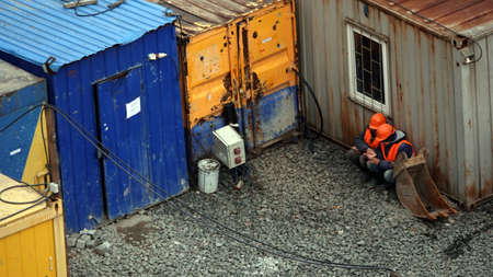 Kiev, Ukraine March 13, 2019: Workers - zero-cycle construction of the foundation of an entertainment centerのeditorial素材