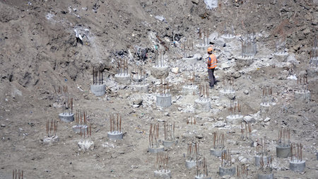 Kiev, Ukraine March 13, 2019: Workers - zero-cycle construction of the foundation of an...
