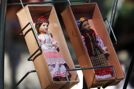 Kiev, Ukraine August 23, 2020: Folk art of Ukraine homemade baby dolls in national costumesの写真素材