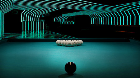 pool table with balls and cue