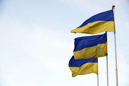 Flags of Ukraine is developing in a strong windの写真素材