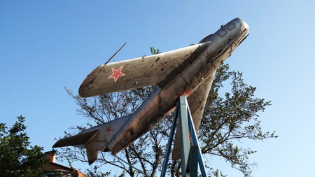 Soviet fighter with a rocket engine on a pedestal from the second world war