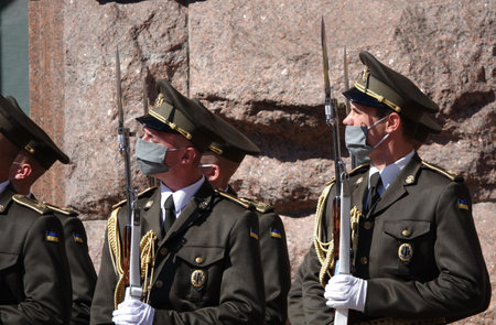 Kiev, Ukraine August 23, 2020: ceremonial formation of the guard of honor at the Ukrainian flag...
