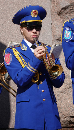 Kiev, Ukraine August 23, 2020: the main state brass band of Ukraine plays on the square
