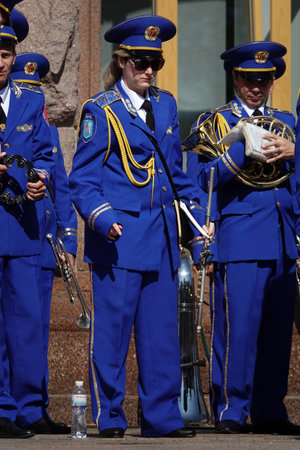 Kiev, Ukraine August 23, 2020: the main state brass band of Ukraine plays on the square
