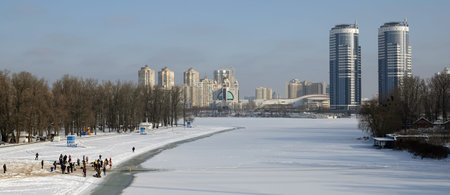 Kiev, Ukraine January 19, 2021: Swimming in the ice-hole in winter on the day of the Baptism of Rus