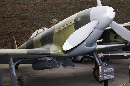 Kiev, Ukraine December 10, 2020: Yak-9 fighter aircraft at the Museum of Military Equipment for...