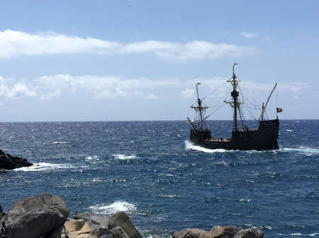 Madeira, Portugal June 23, 2017: Pirate sailboat sailing in a beautiful bay.の写真素材