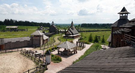 Kiev, Ukraine June 19, 2021: old wooden fortress - entertainment complex Kievan Rus old wooden...