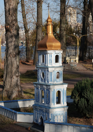 Kyiv, Ukraine November 11, 2021: Belfry of St. Sophia Cathedral in Kyiv - Museum of Miniatures in...
