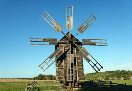 Kiev, Ukraine September 30, 2021: Ancient mills in the open-air museum of folk architecture and life...
