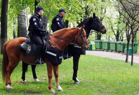 Kiev, Ukraine May 9, 2021: Mounted police in the Kiev Mariinsky park in the city of Kiev Ukraine